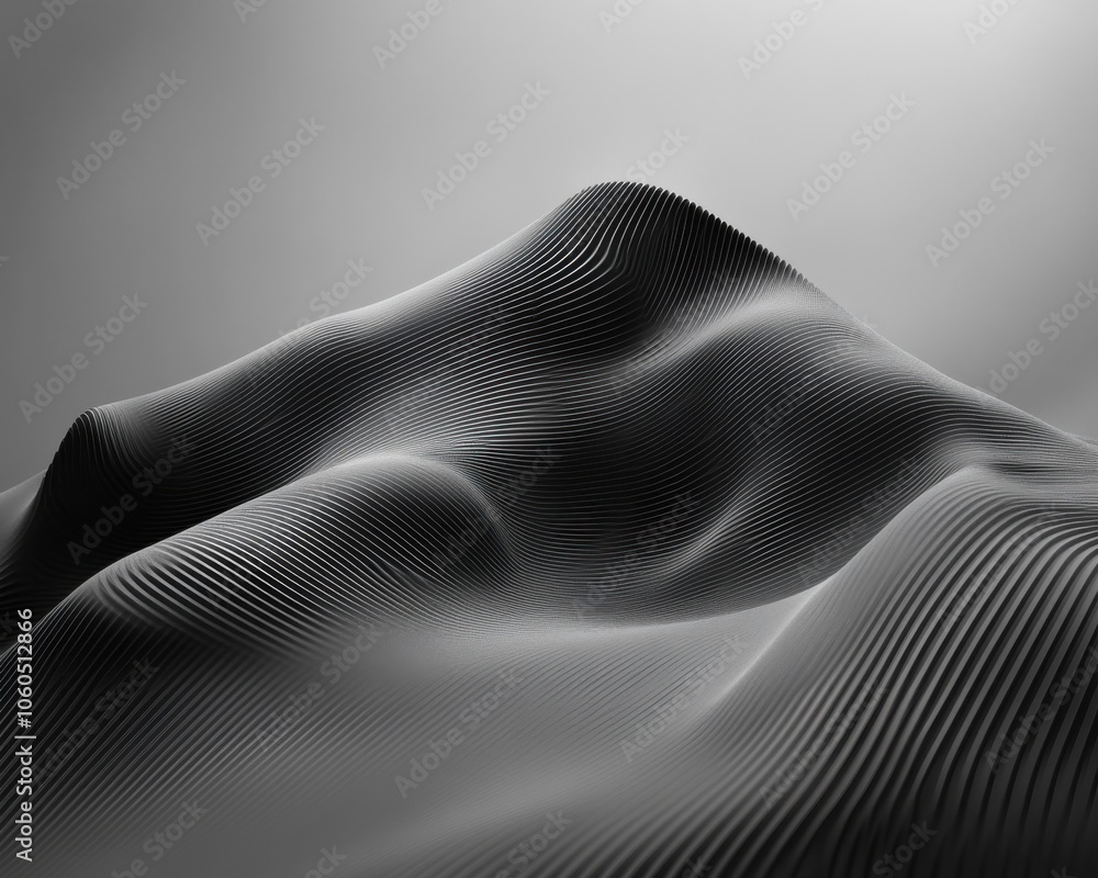 Poster abstract mountain shapes with smooth curves and gradients, grayscale tones.