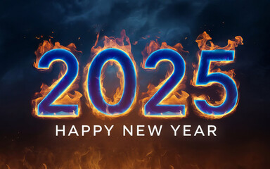 Text Happy New Year 2025 on blue background with Fire Brushes or Flame Texture Overlays 