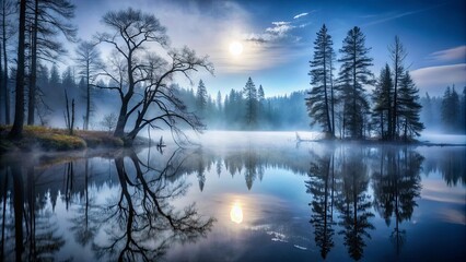 Fototapeta premium A misty morning landscape with a sunlit reflection on the tranquil water, surrounded by towering trees casting long shadows