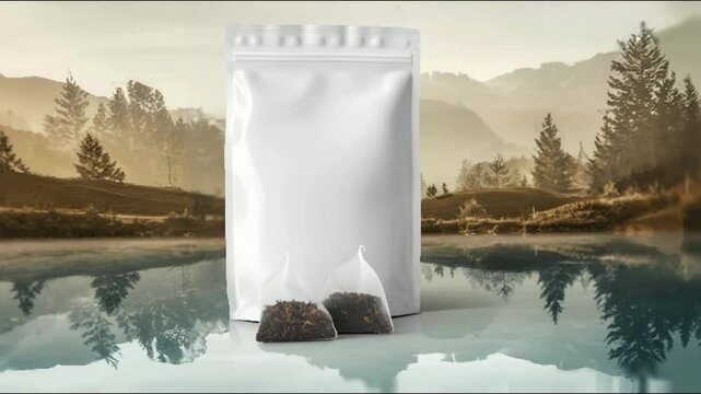 White Paper Bag and Tea Bags Against Serene Nature Scene, Ideal for Branding and Packaging Mockups.
