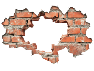 Brick wall with a large hole exposing blank space for creativity, transparent