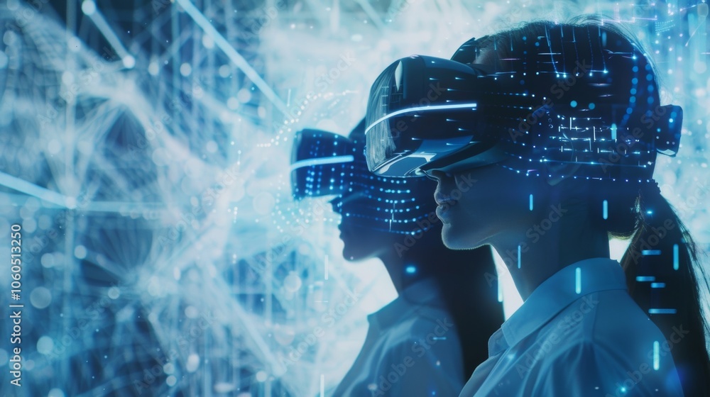 Poster using their vr headsets team members immerse themselves in a virtual workplace discussing projects a