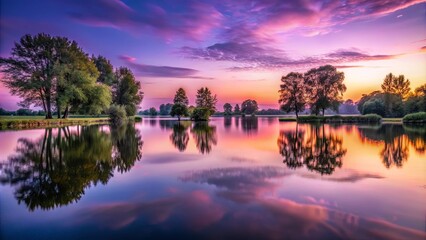 Serene Landscape with a Mirror-Like Reflection of the Sky and Trees on a Still Water Surface