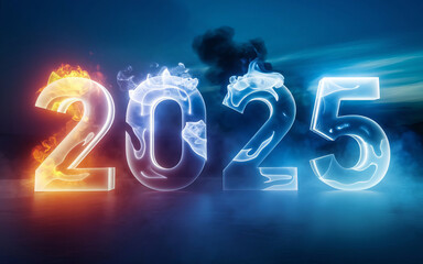 Text Happy New Year 2025 on blue background with Neon Fire Text Effect.