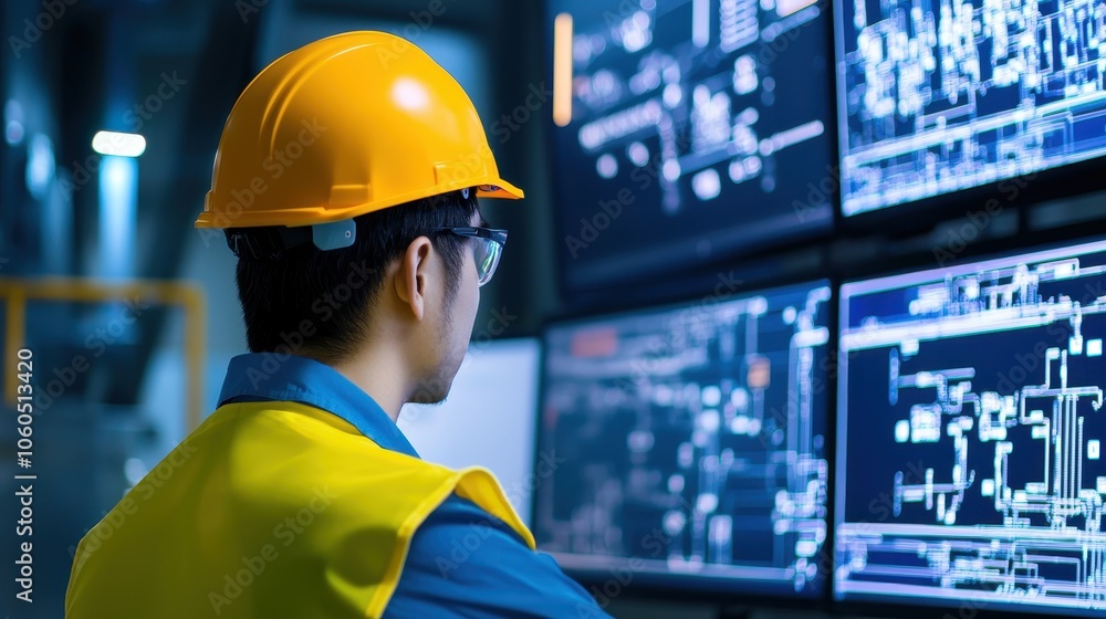 Aufkleber a man in a hard hat and safety glasses monitors multiple screens displaying complex data and diagram