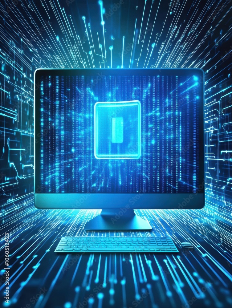 Aufkleber A computer screen showcases a glowing protection icon emanating digital data in a high-tech setting at nighttime. Generative AI