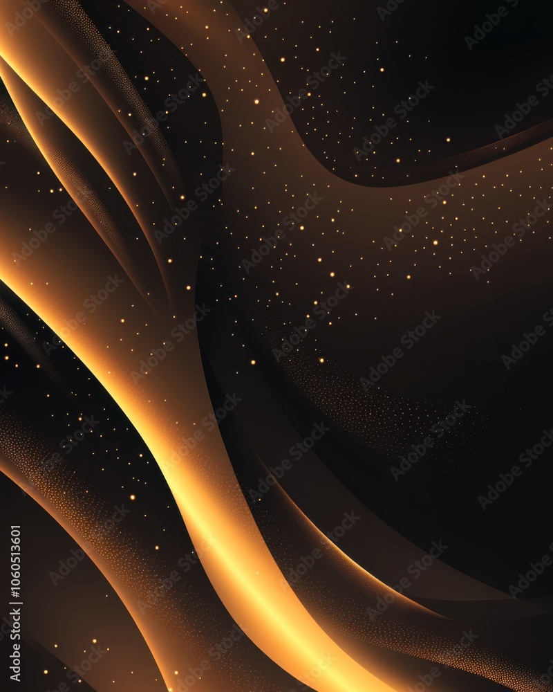 Poster abstract wave patterns in black and gold with sparkling details.