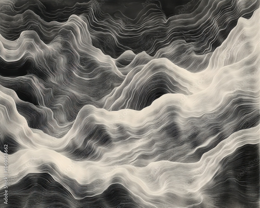 Poster abstract waves in black and white with flowing lines and dynamic movement.