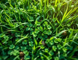 Obraz premium Lush Green Grass Top View in Spring: Varied Blades, Clover Patches, and Natural Pebbles under Soft Sunlight