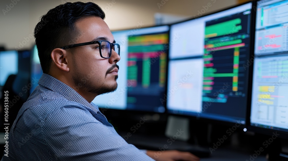 Poster a focused individual analyzing data on multiple monitors while engaged in financial or analytical ta