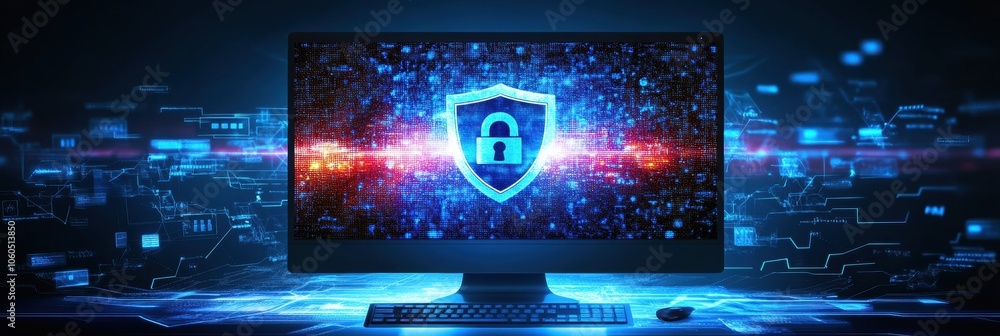 Poster the computer screen showcases a vibrant shield and lock icon, emphasizing the importance of cybersec