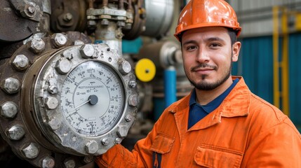 A smiling worker in an orange jumpsuit and helmet stands beside heavy machinery, showcasing a gauge.