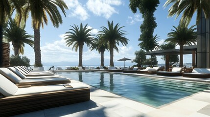 A luxurious poolside setting with palm trees and sun loungers under a clear blue sky, ideal for relaxation