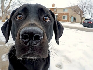 Close-up photo of a black dog in a snow-covered neighbourhood