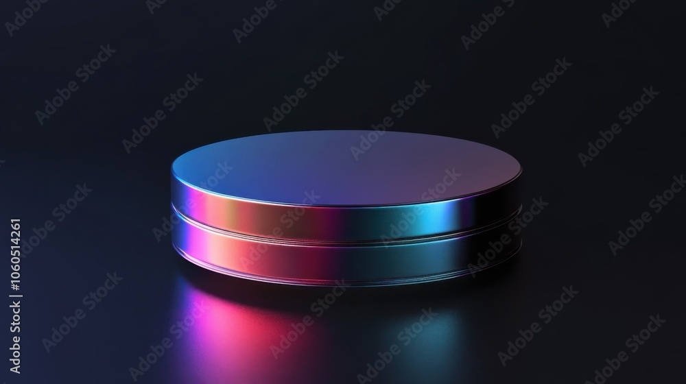 Poster colorful textured circular object with reflections on a black background.