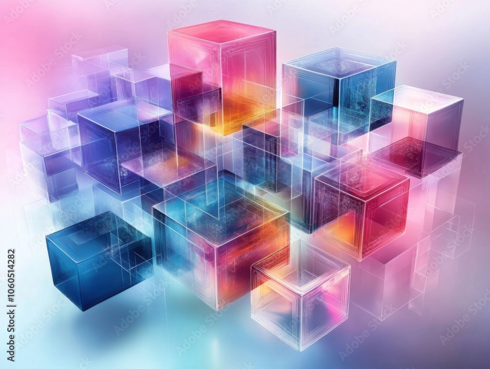 Poster colorful translucent cubes overlapping with a dreamy background.