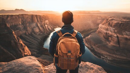 A hiker with a backpack gazes over a vast canyon at sunset, symbolizing adventure and exploration