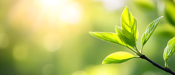 New leaves unfurling on a branch in sunlight illuminate nature's beauty and growth process