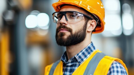 A focused construction worker wearing safety gear, including a hard hat and glasses, in an industrial setting, demonstrating commitment to safety and professionalism.
