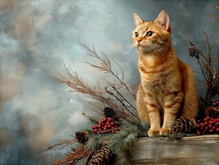 A festive Christmas portrait of a ginger cat