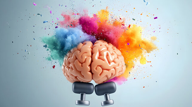 The creative brain lifts weights while exploding with colorful ideas for enhanced mental fitness and innovation