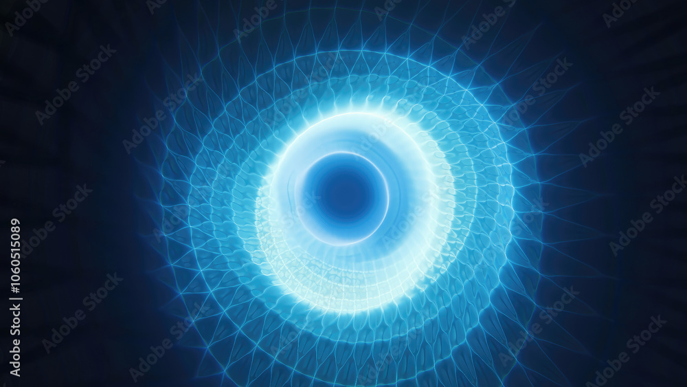 Poster a glowing blue vortex with geometric wireframe patterns converging toward the center, creating a fut