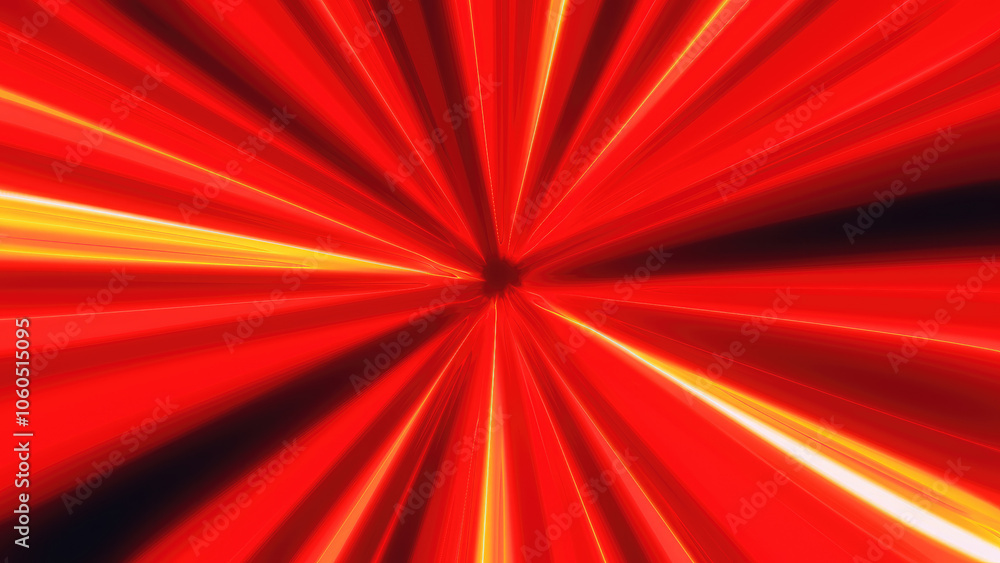 Poster a dynamic burst of vibrant red and yellow light rays creating high-energy tunnel effect with speed a
