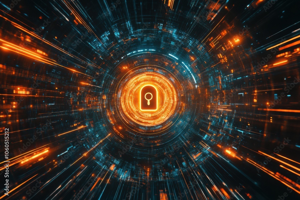Poster A bright lock icon is set against a dark computer screen, radiating blue and orange lights in a dynamic design. Generative AI