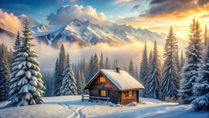 A Solitary Cabin Nestled Amongst Snow-Covered Evergreens and Majestic Mountain Peaks, Bathed in the Warm Glow of a Golden Sunrise