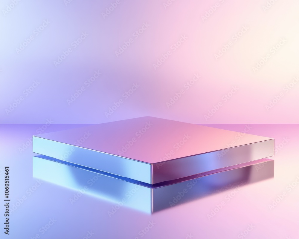 Poster minimalistic platform with soft pastel colors on a reflective surface.
