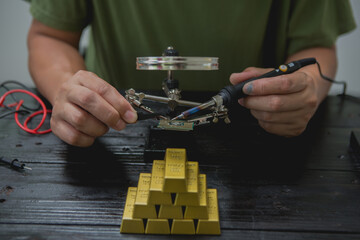 Fototapeta premium Extracting gold from computers involves recovering precious metals from electronic components. This process includes dismantling devices, collecting circuit boards