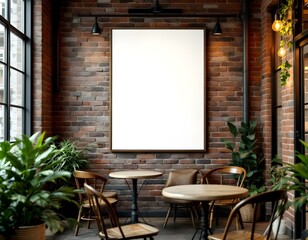 Cozy Café Corner Poster Mockup. Rustic Brick Wall with Warm Lighting, Vintage Decor, and Green Plants