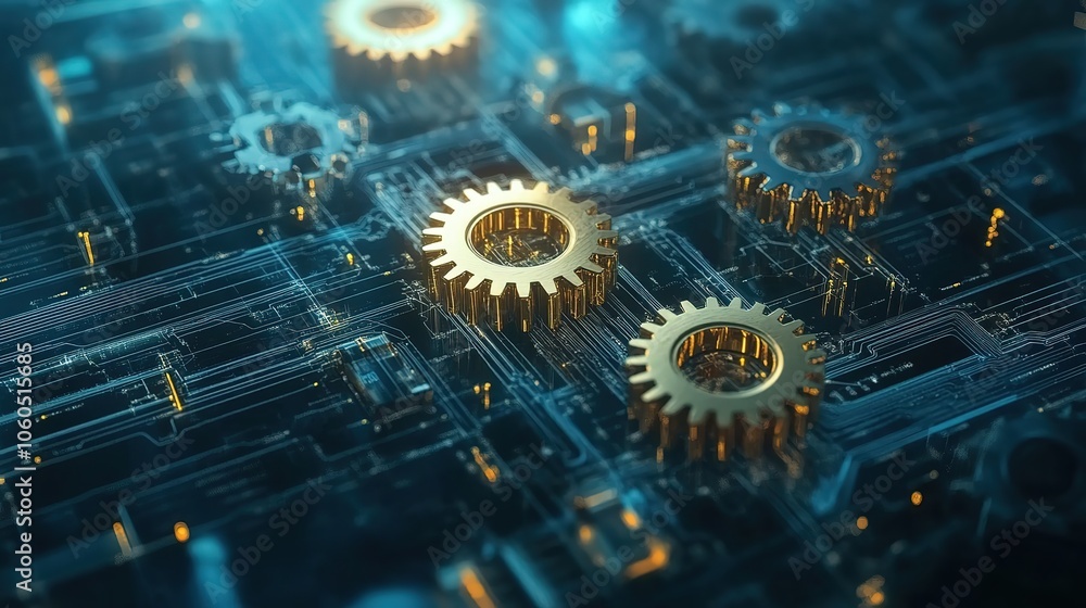 Poster interconnected gears and circuitry symbolizing synergy between technology and business processes hd