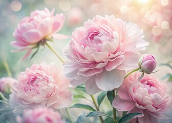 Obraz premium Delicate Pink Peonies in Soft Focus - A Floral Masterpiece with Double Exposure Photography, Nature, Floral Art, Flower Arrangement, Aesthetic Beauty, Soft Colors, Romantic Vibes, Garden Blooms