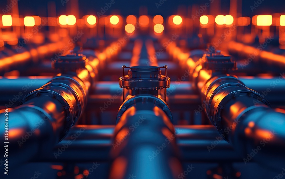 Poster a close-up view of illuminated pipes creating a visually striking pattern, showcasing industrial des
