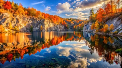 Fototapeta premium Autumnal Reflections in a Serene Lake Surrounded by Majestic Cliffs and Vibrant Foliage