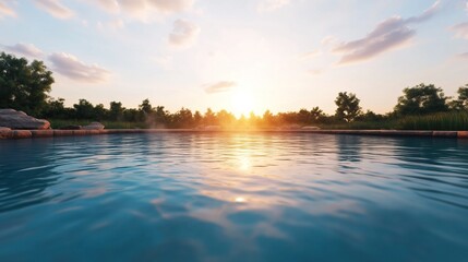 Obraz premium A serene sunset over a tranquil pool reflects the vibrant colors of the sky, surrounded by lush greenery, creating a peaceful retreat.