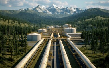 A vast industrial facility with pipelines, storage tanks, and surrounding forests, set against a backdrop of snow-capped mountains.