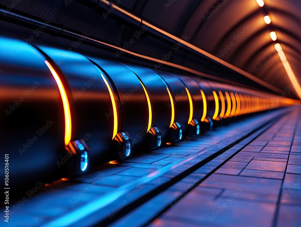 Aufkleber a futuristic underground tunnel featuring illuminated circular elements, creating a striking visual 