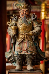 Obraz premium An intricate, colorful statue of a warrior reflects ancient artistry, adding grandeur to the historic temple ambiance.