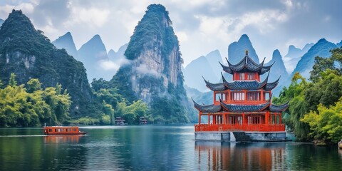 A tranquil scene with a pagoda on a lake, surrounded by misty karst mountains and greenery.