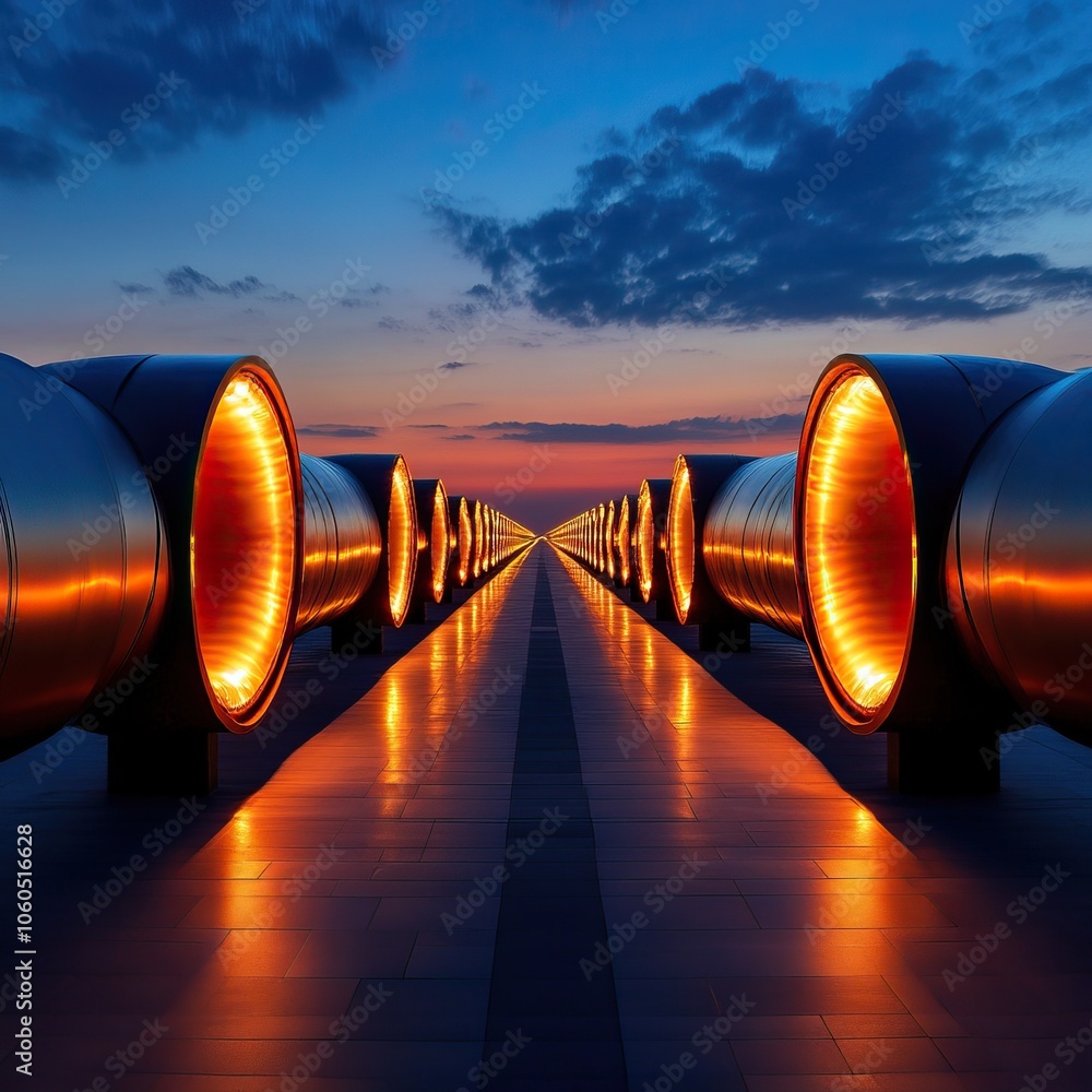 Poster a striking view of illuminated pipes leading into a sunset, creating a captivating perspective of li