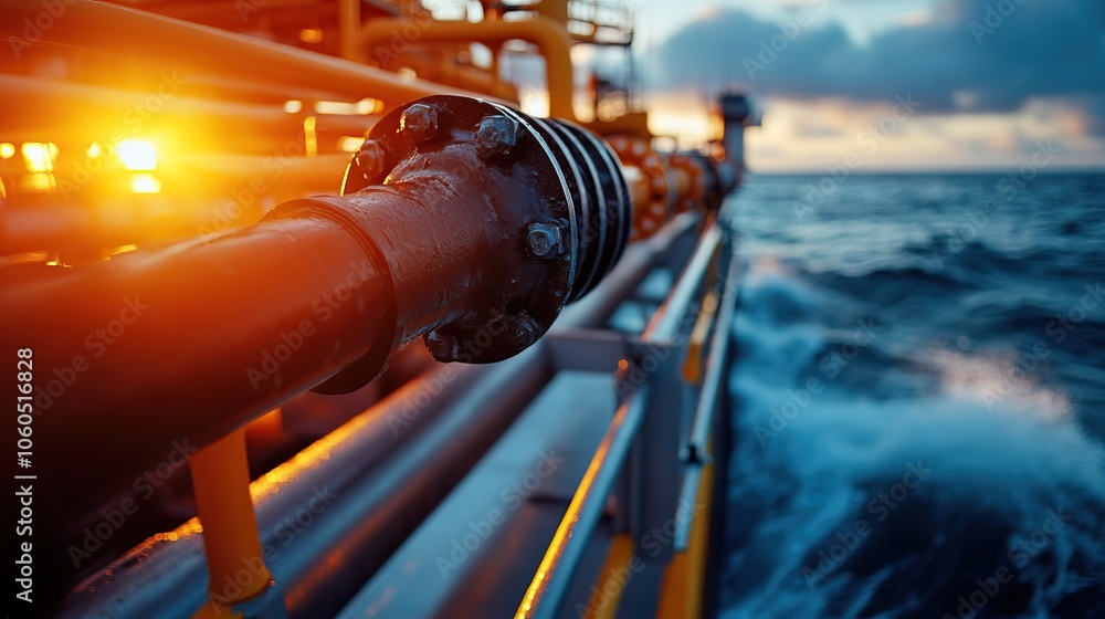 Poster a pipeline mechanism along a coastal platform, illuminated by sunset, with waves crashing in the bac