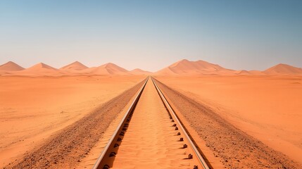A view of endless railway tracks stretching through an arid desert landscape, flanked by distant sand dunes under a clear blue sky.