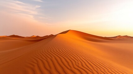 A serene desert landscape featuring golden sands and gentle dunes illuminated by a soft sunset, showcasing the beauty of nature's arid environments.