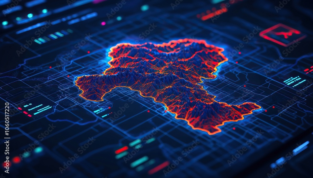 Poster a vibrant, digital map with glowing edges, showcasing geographical features and data overlays in a f