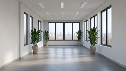 A bright, modern room with large windows and minimal decor, featuring plants in pots, creating a spacious and inviting atmosphere.