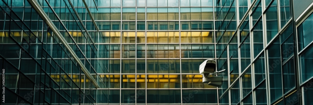 Aufkleber surveillance cameras are positioned on a sleek office building, showcasing its reflective glass desi