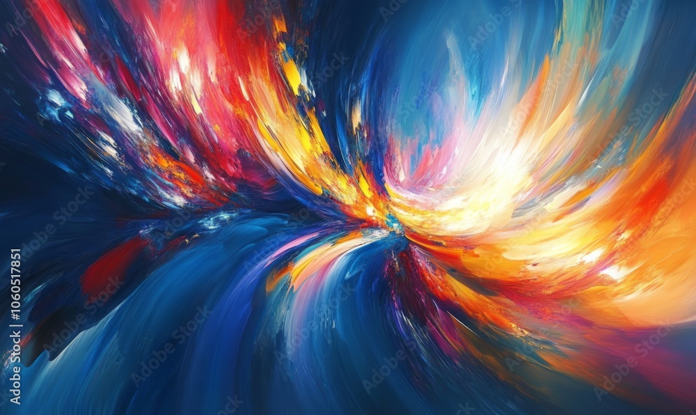 Poster vibrant abstract digital painting featuring glowing lines and swirling colors, creating dynamic and 