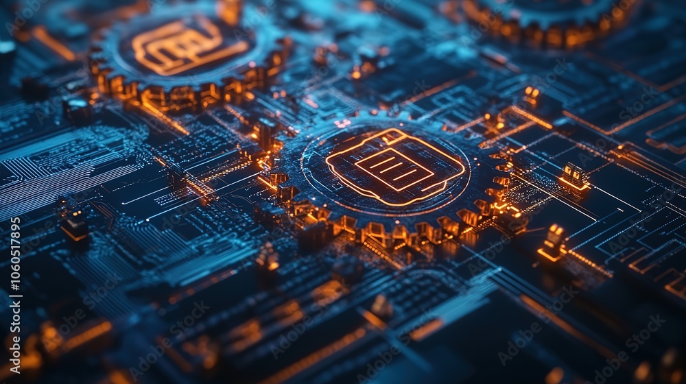 Poster interconnected gears and circuitry symbolizing synergy between technology and business processes hd